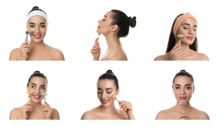 Young woman using face roller on white background, collage