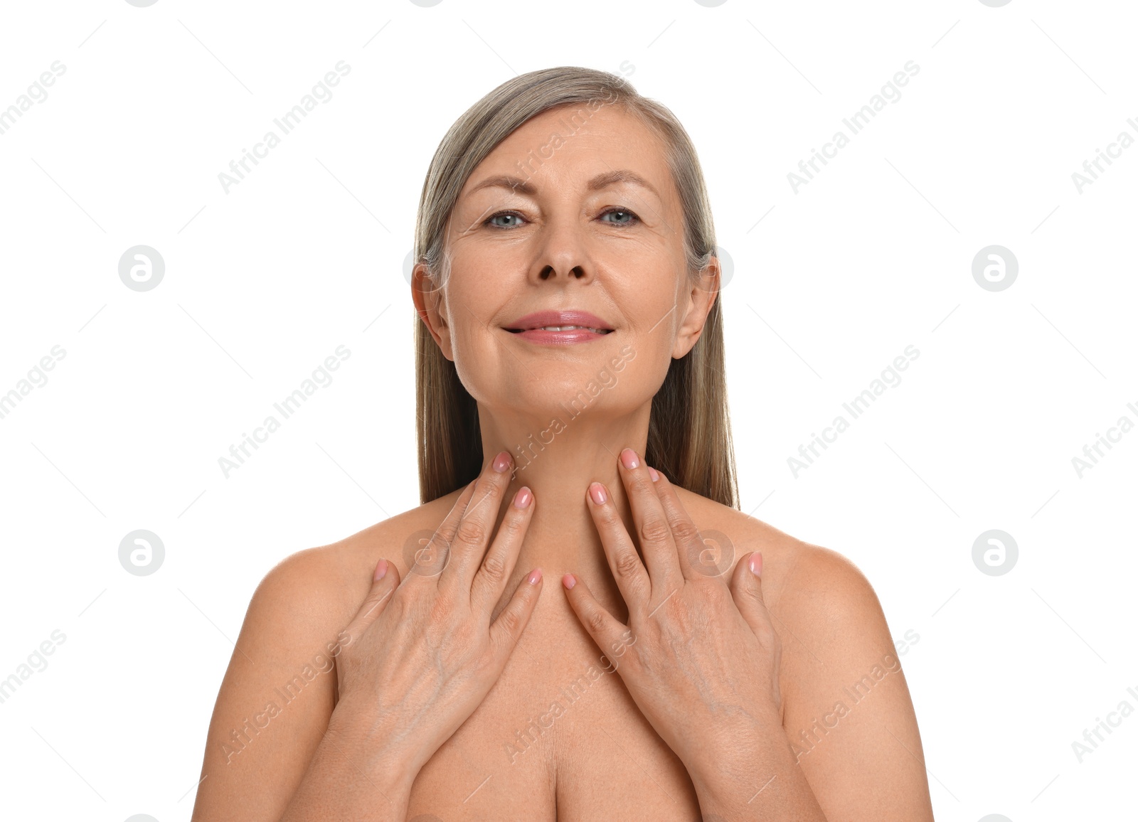 Photo of Beautiful woman touching her neck on white background