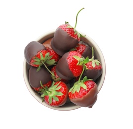 Bowl with chocolate covered strawberries on white background, top view