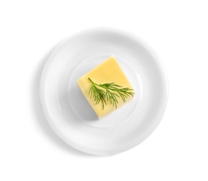 Photo of Plate with fresh butter isolated on white, top view