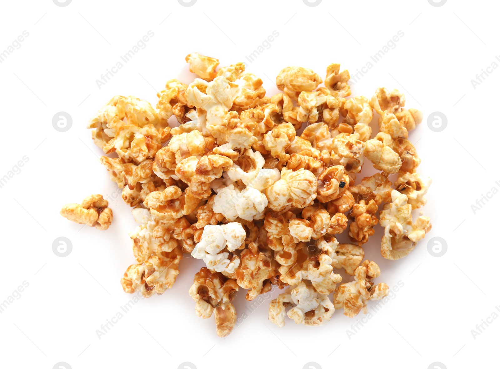 Photo of Pile of delicious caramel popcorn on white background, top view