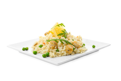 Photo of Delicious chicken risotto with lemon slices isolated on white