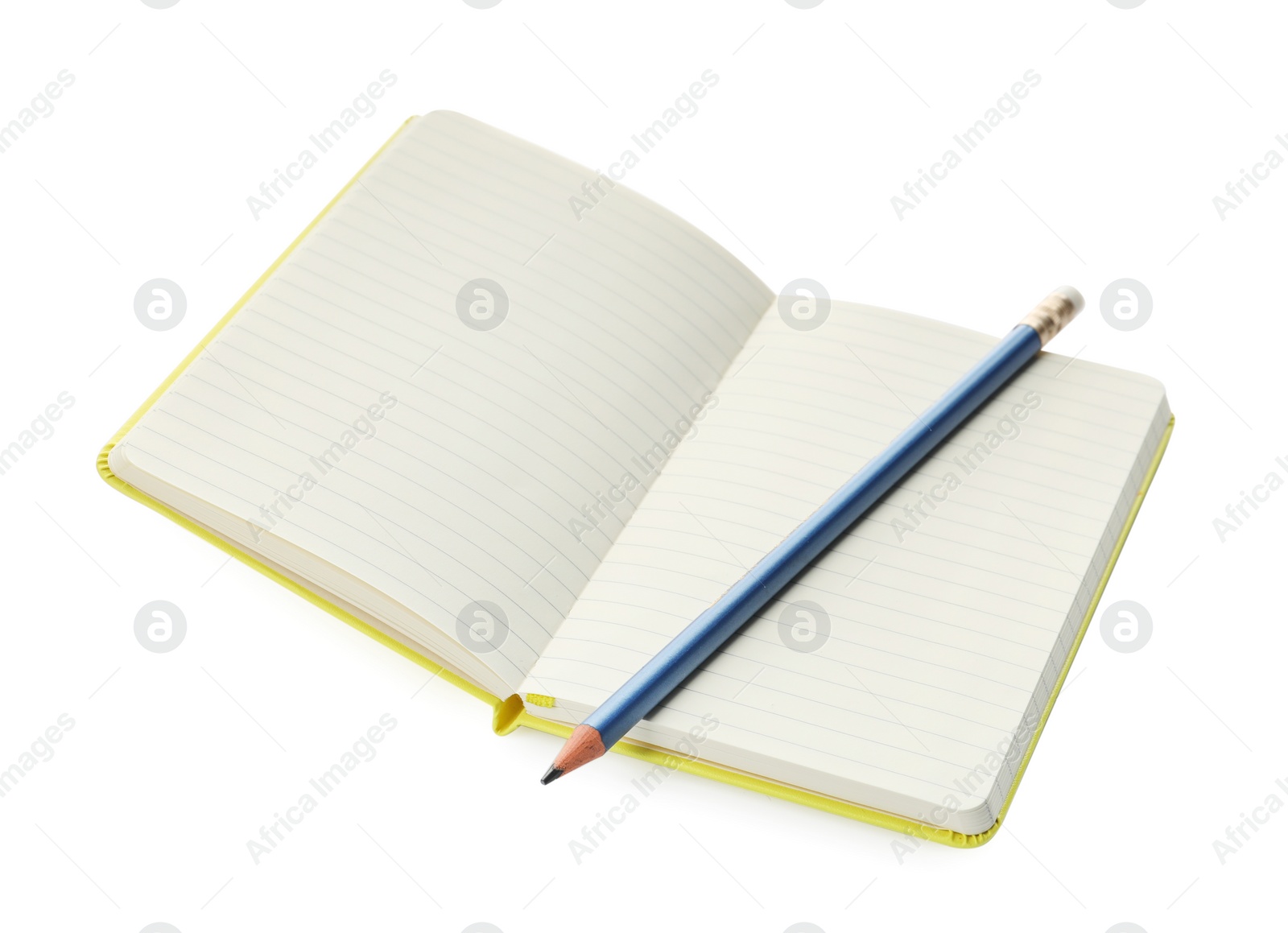 Photo of Stylish open notebook with blank sheets and pencil isolated on white