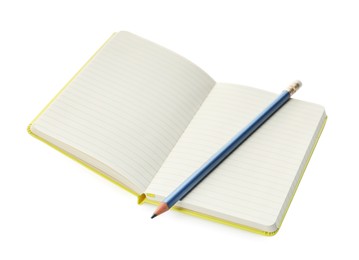 Photo of Stylish open notebook with blank sheets and pencil isolated on white