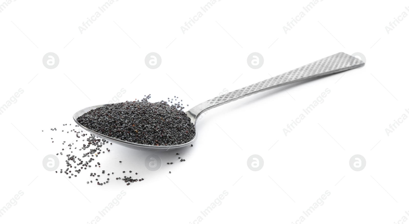 Photo of Spoon with poppy seeds isolated on white