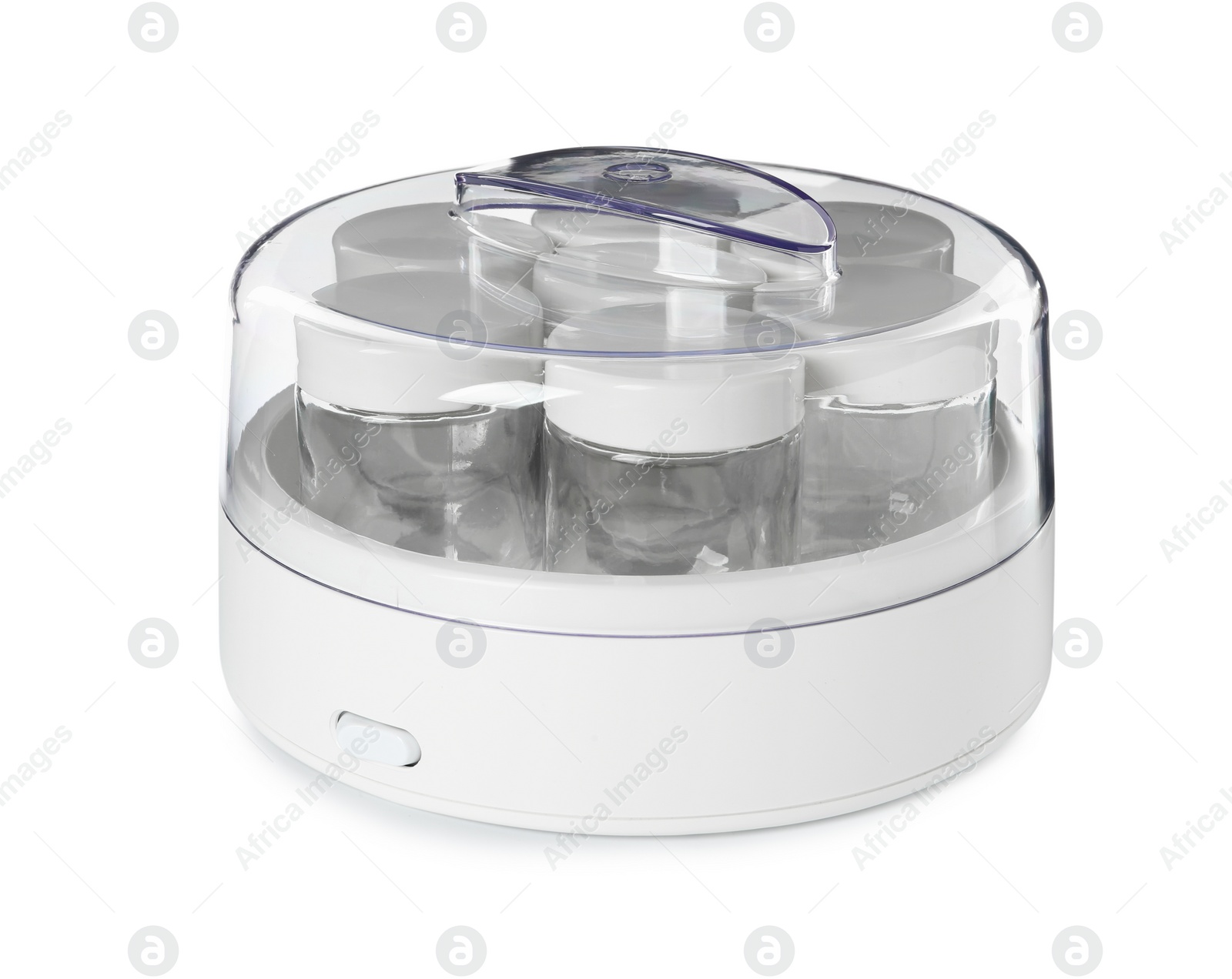 Photo of Modern yogurt maker with empty jars on white background