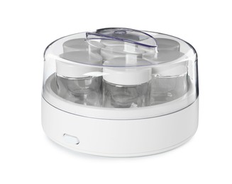 Modern yogurt maker with empty jars on white background