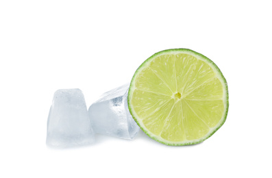 Photo of Ice cubes and lime on white background