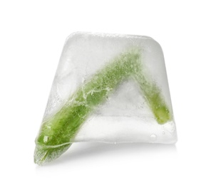 Photo of Fresh green beans in ice cube on white background. Frozen vegetables