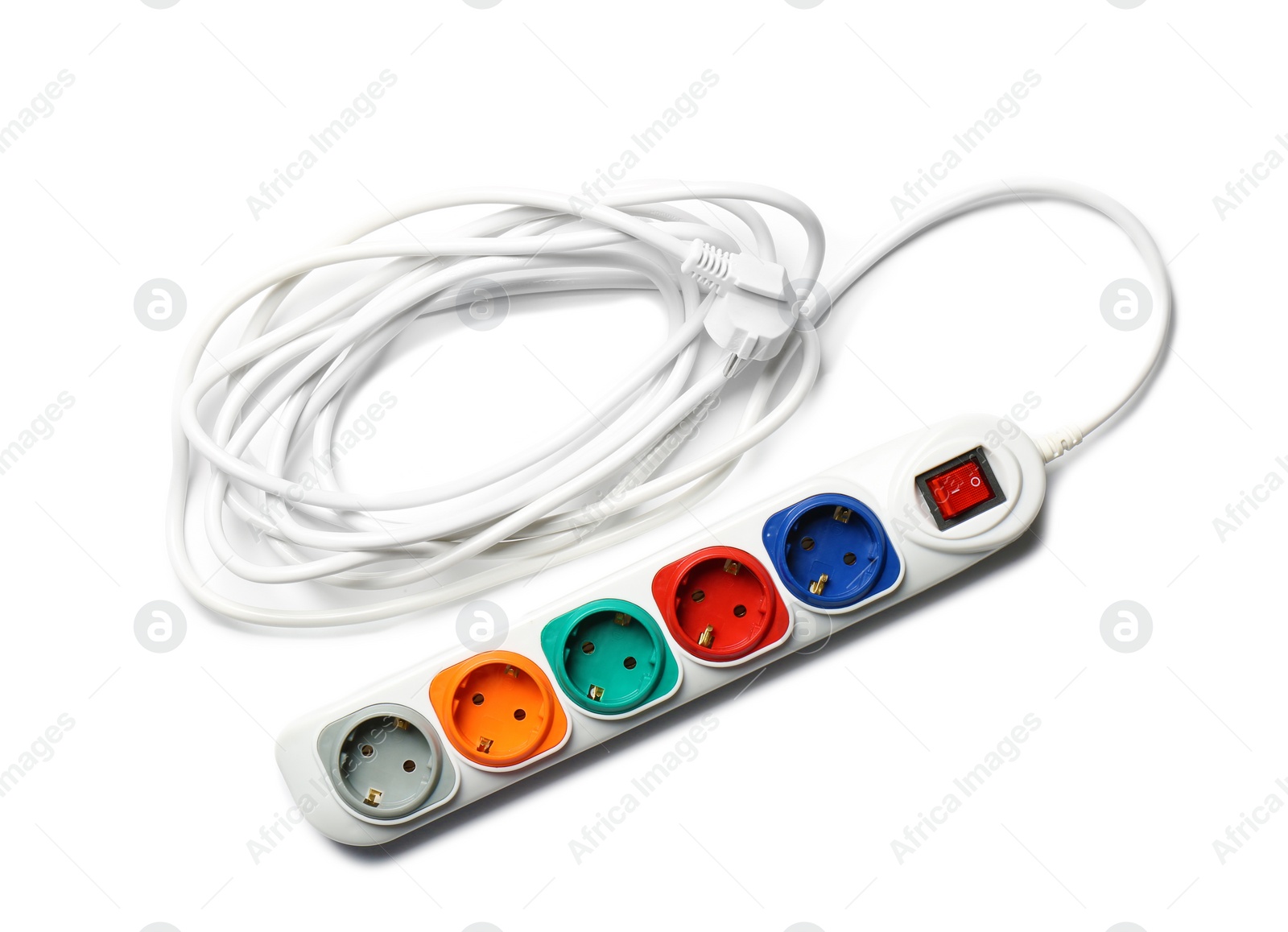 Photo of Extension cord on white background, top view. Electrician's equipment