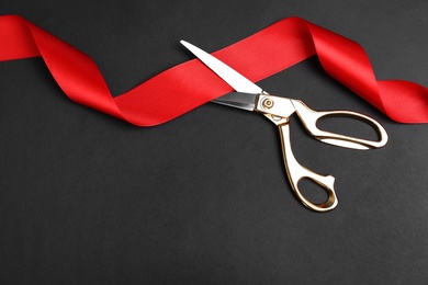 Photo of Stylish scissors and red ribbon on black background, flat lay with space for text. Ceremonial tape cutting