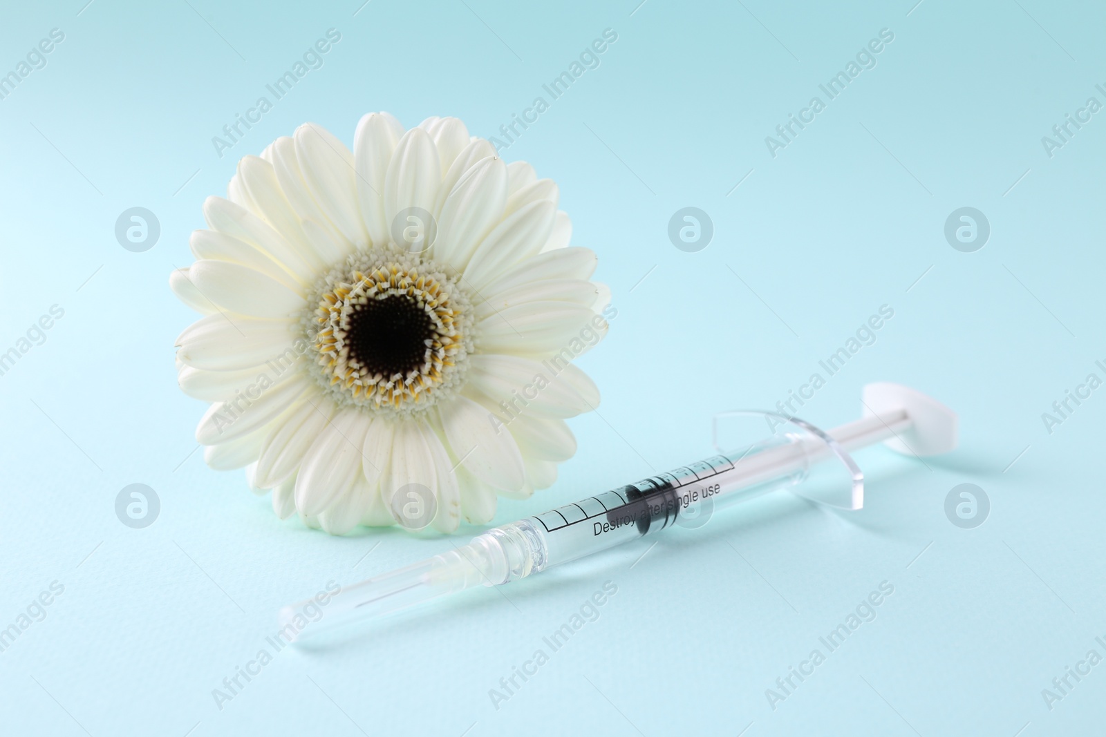 Photo of Cosmetology. Medical syringe and gerbera flower on light blue background