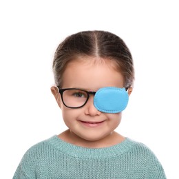 Happy girl with nozzle on glasses for treatment of strabismus against white background