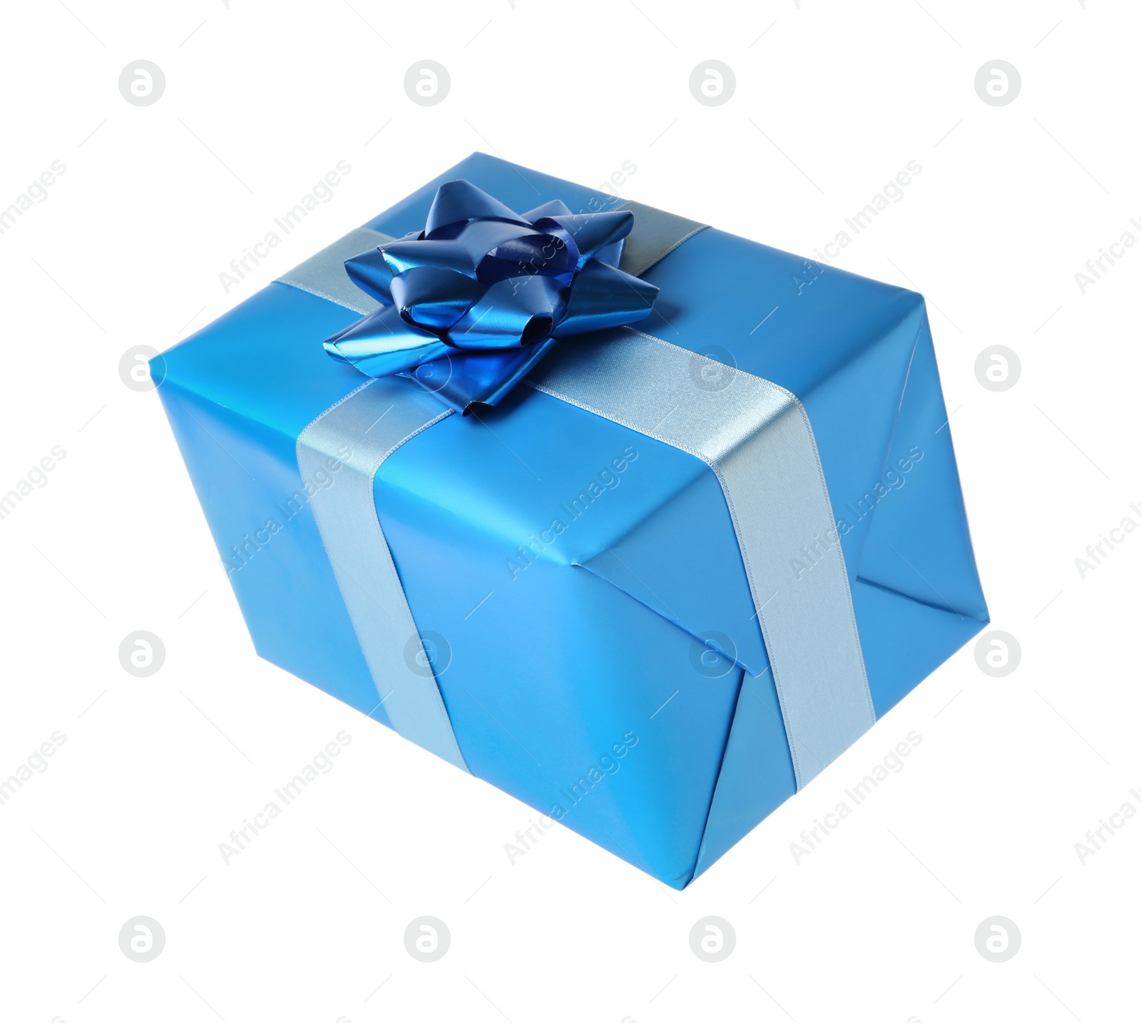 Photo of Light blue gift box with bow isolated on white