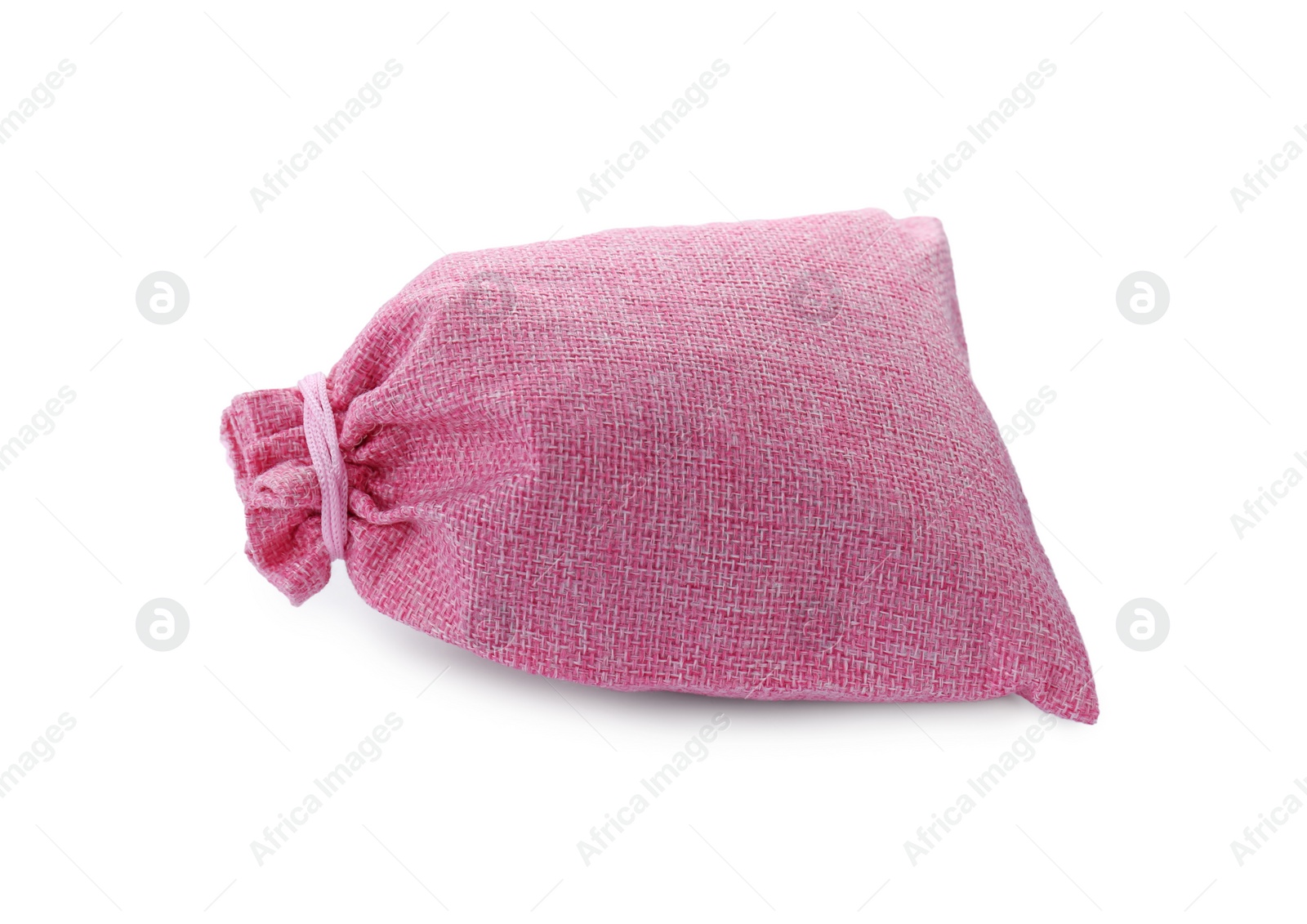 Photo of One tied pink burlap bag isolated on white