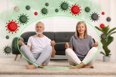 Senior couple meditating at home surrounded by drawn viruses. Healthy lifestyle - base of strong immunity