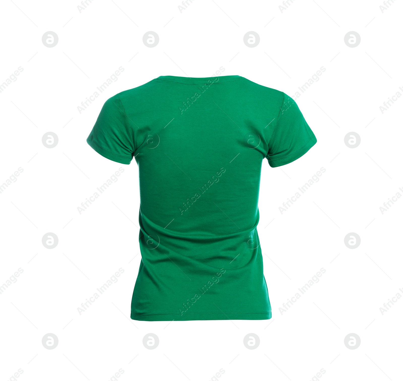 Photo of Mannequin with green women's t-shirt isolated on white. Mockup for design