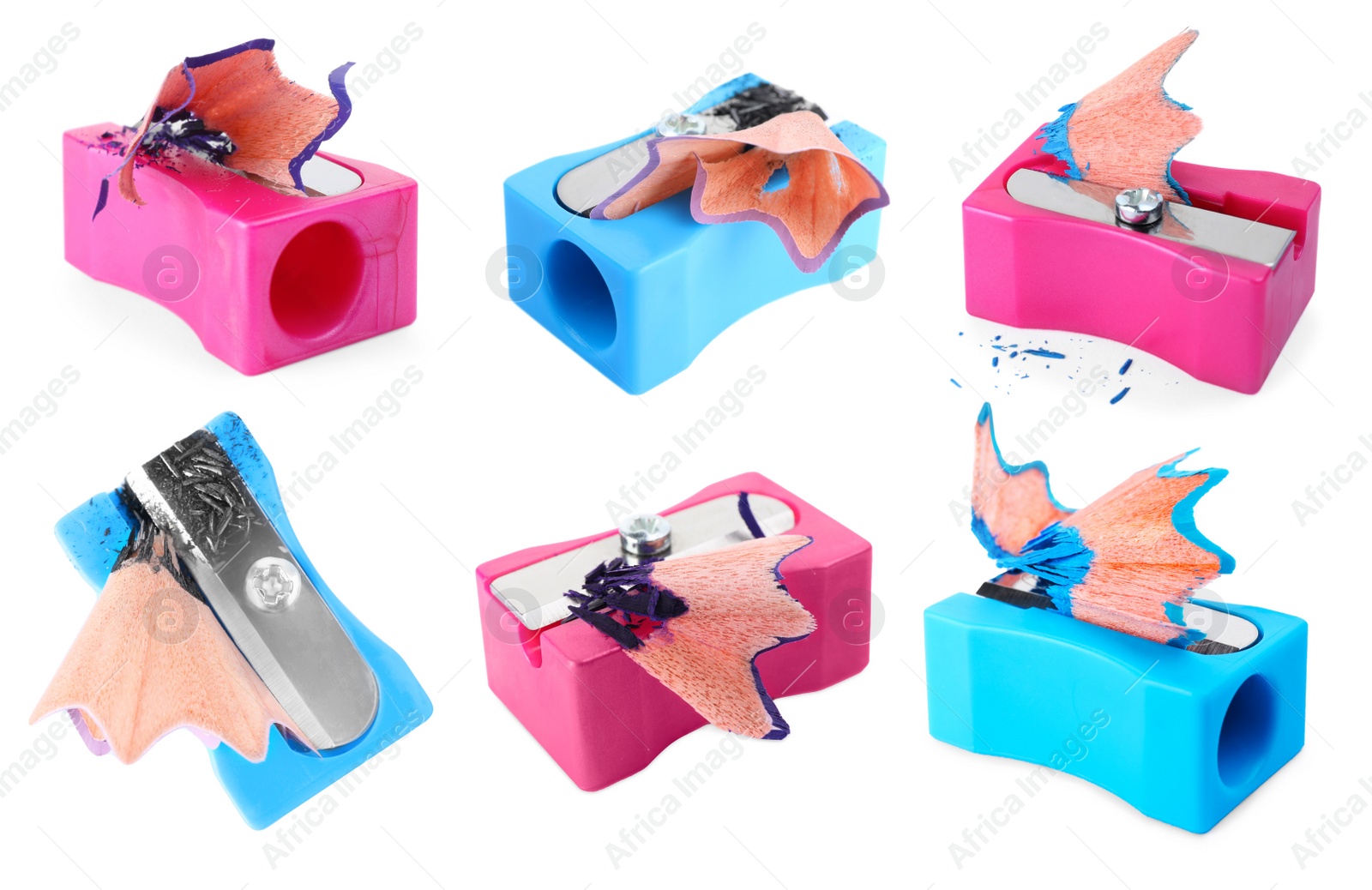 Image of Set with different pencil sharpeners on white background