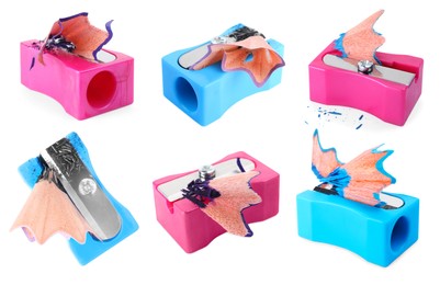 Image of Set with different pencil sharpeners on white background