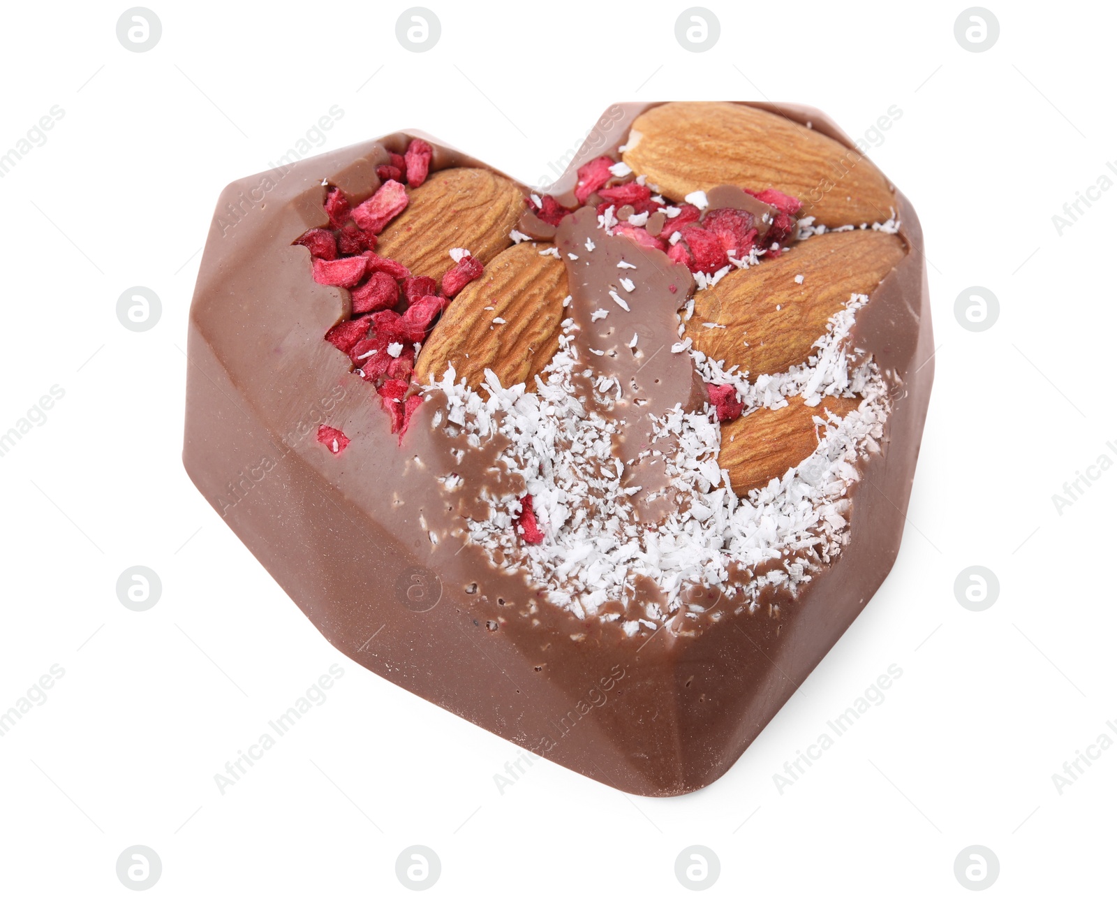 Photo of Tasty chocolate heart shaped candy with nuts on white background