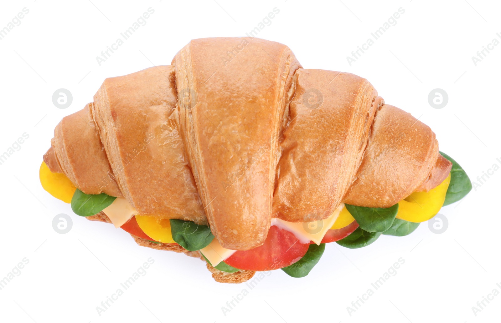 Photo of Tasty vegetarian croissant sandwich isolated on white, top view