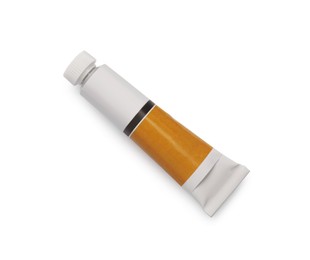 Photo of Tube with oil paint on white background, top view