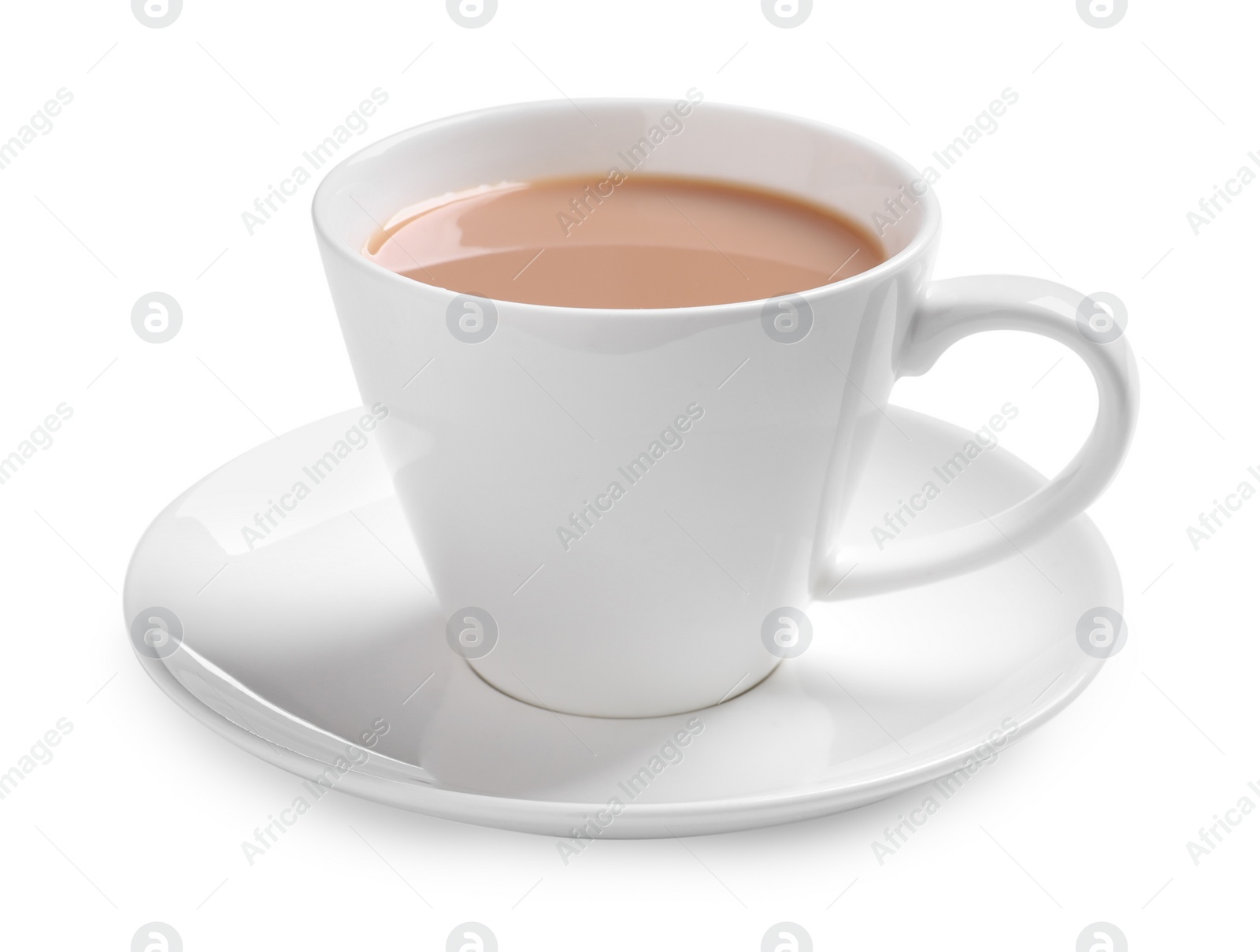 Photo of Delicious tea with milk on white background