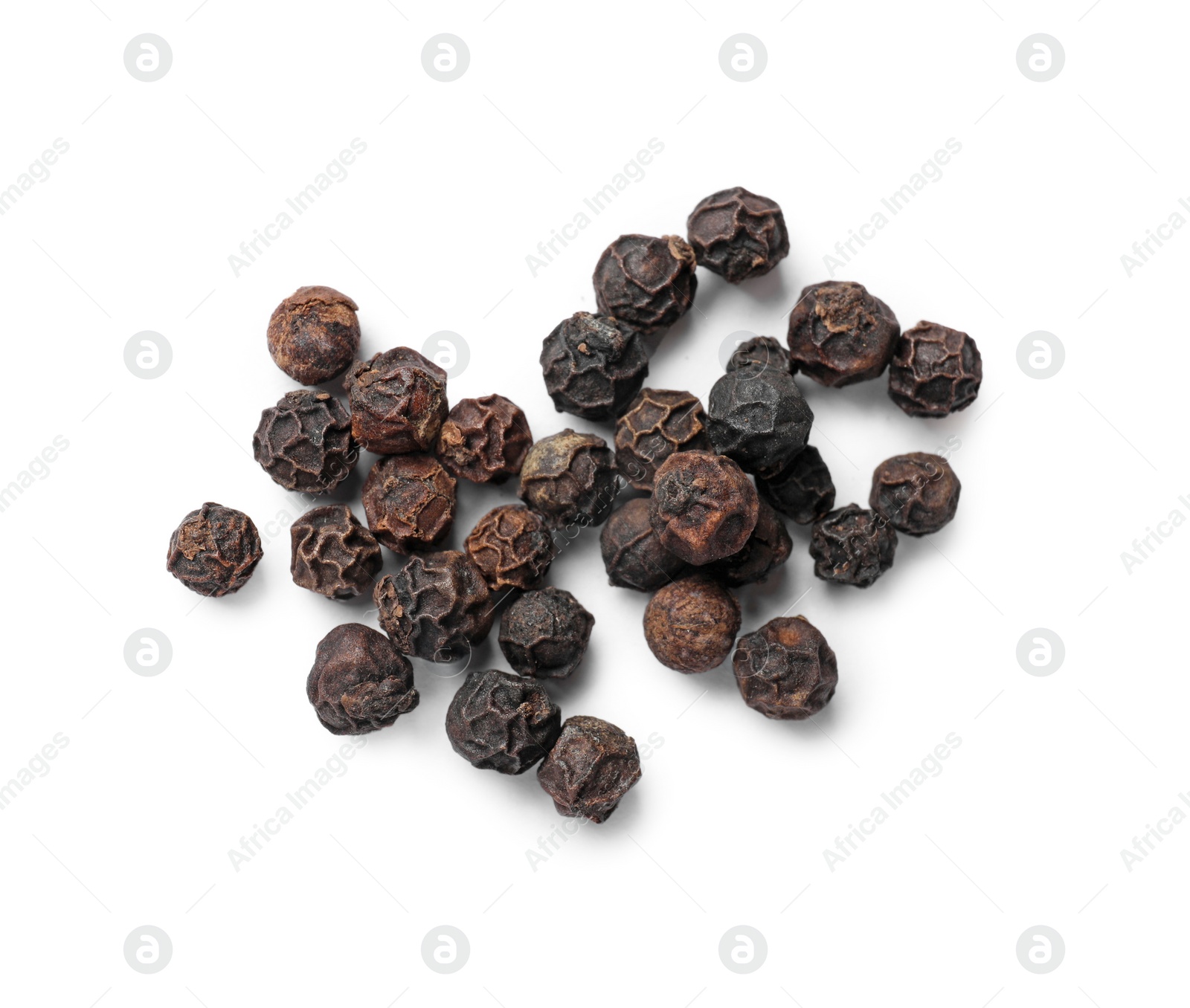 Photo of Aromatic spice. Many black dry peppercorns isolated on white, top view