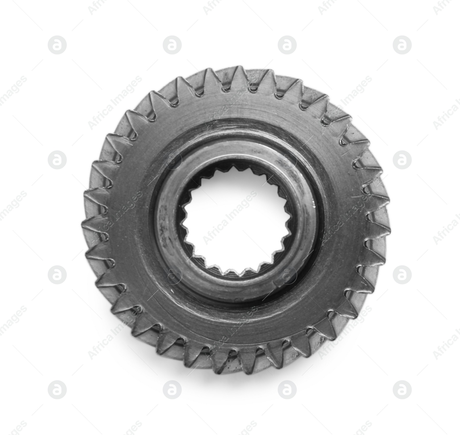 Photo of Stainless steel gear on white background, top view