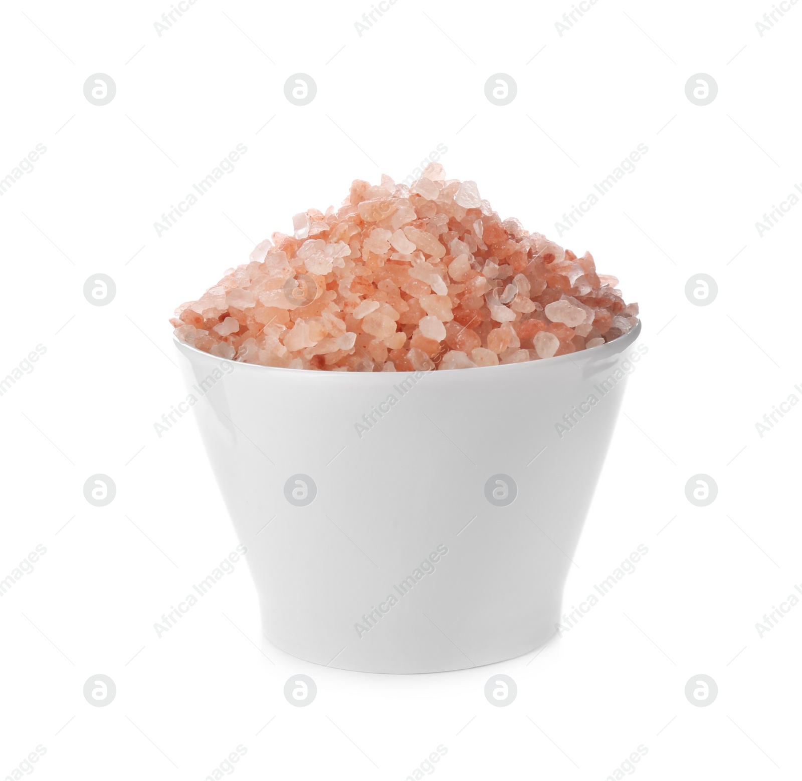 Photo of Pink himalayan salt in bowl isolated on white