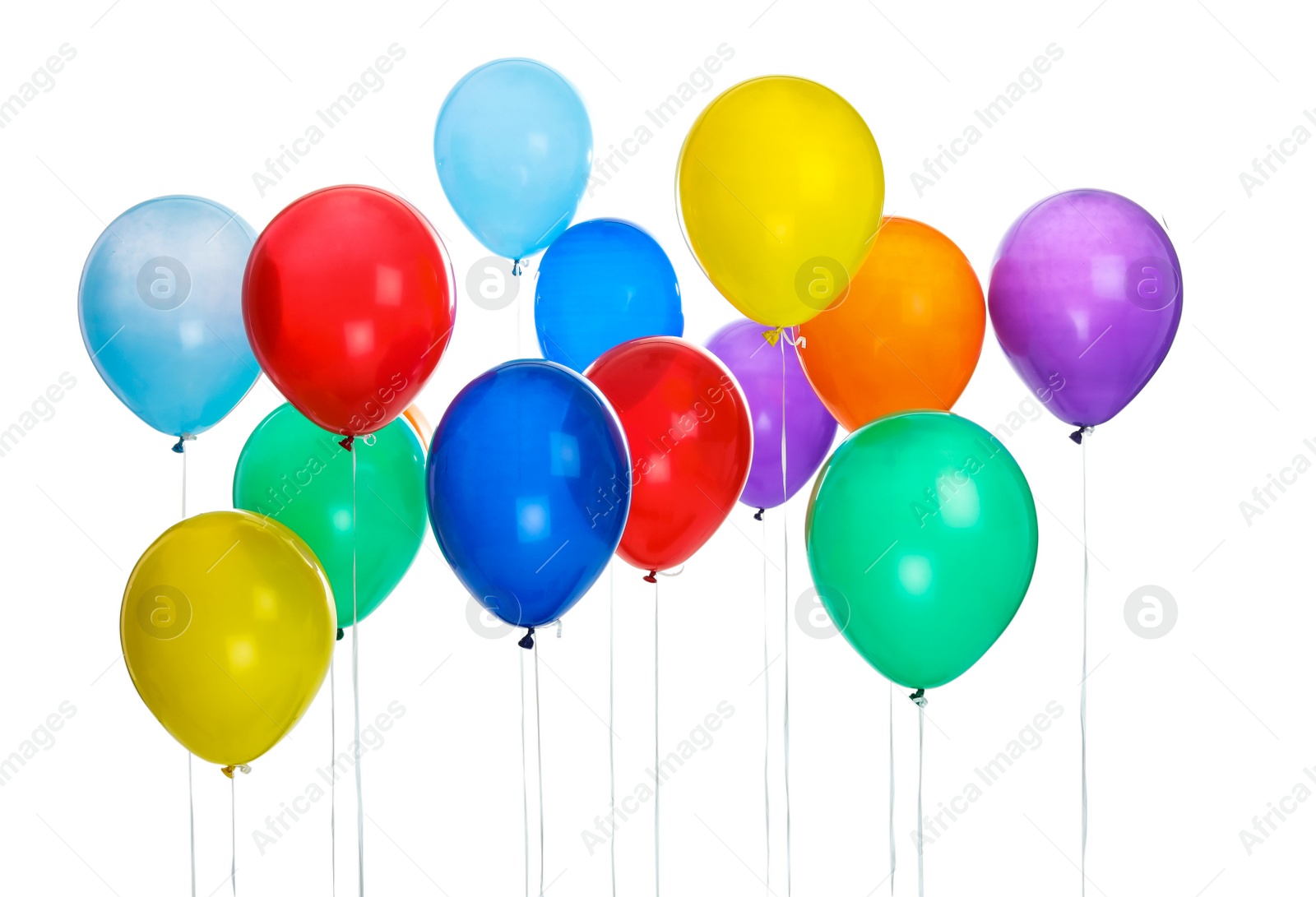 Photo of Colorful balloons on white background. Celebration time