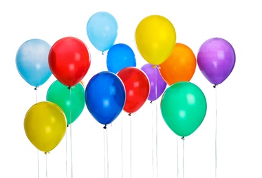 Colorful balloons on white background. Celebration time