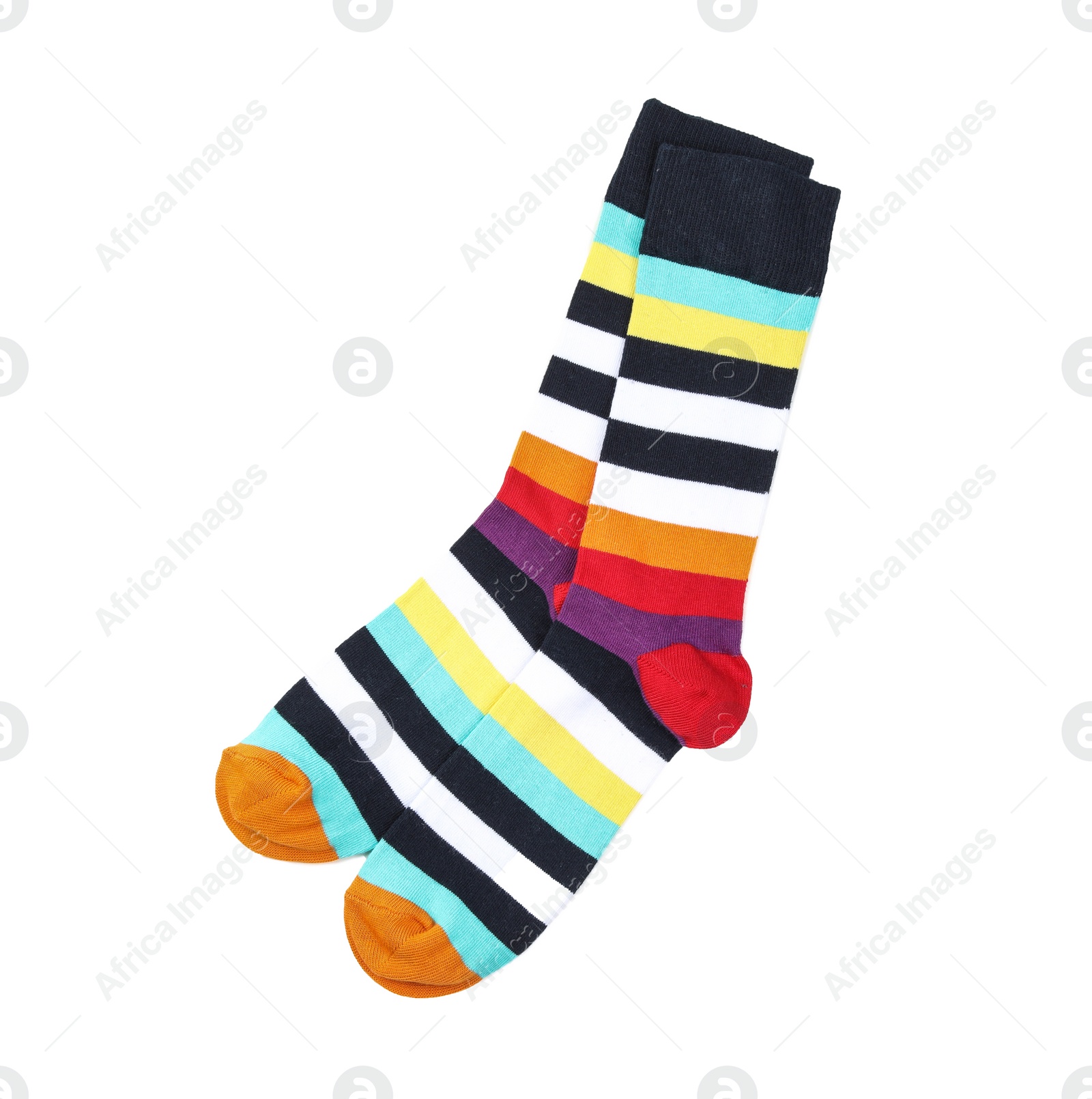 Photo of Colorful socks on white background, top view