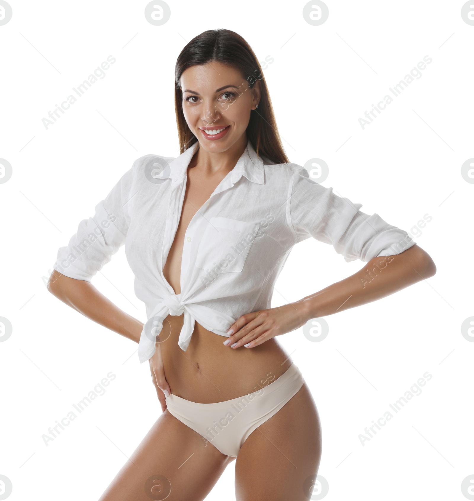 Photo of Beautiful woman in panties and shirt on white background