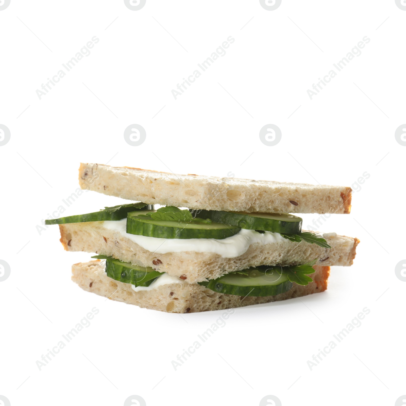 Photo of Fresh tasty cucumber sandwiches isolated on white