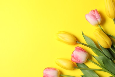 Photo of Beautiful colorful tulip flowers on yellow background, flat lay. Space for text