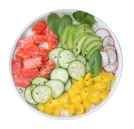 Photo of Delicious poke bowl with salmon and vegetables isolated on white, top view