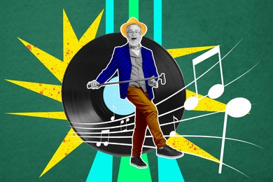 Image of Senior man dancing near vinyl record on bright background, creative collage. Stylish art design