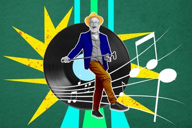 Senior man dancing near vinyl record on bright background, creative collage. Stylish art design