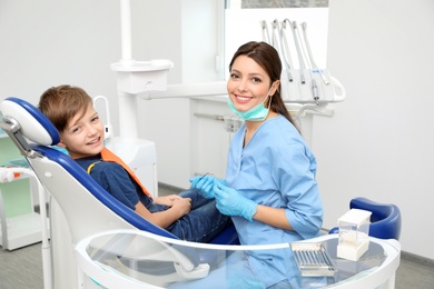 Professional dentist and little boy in clinic