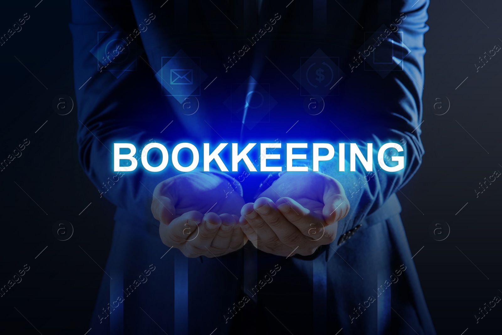 Image of Bookkeeping concept. Businessman holding word on dark blue background, closeup