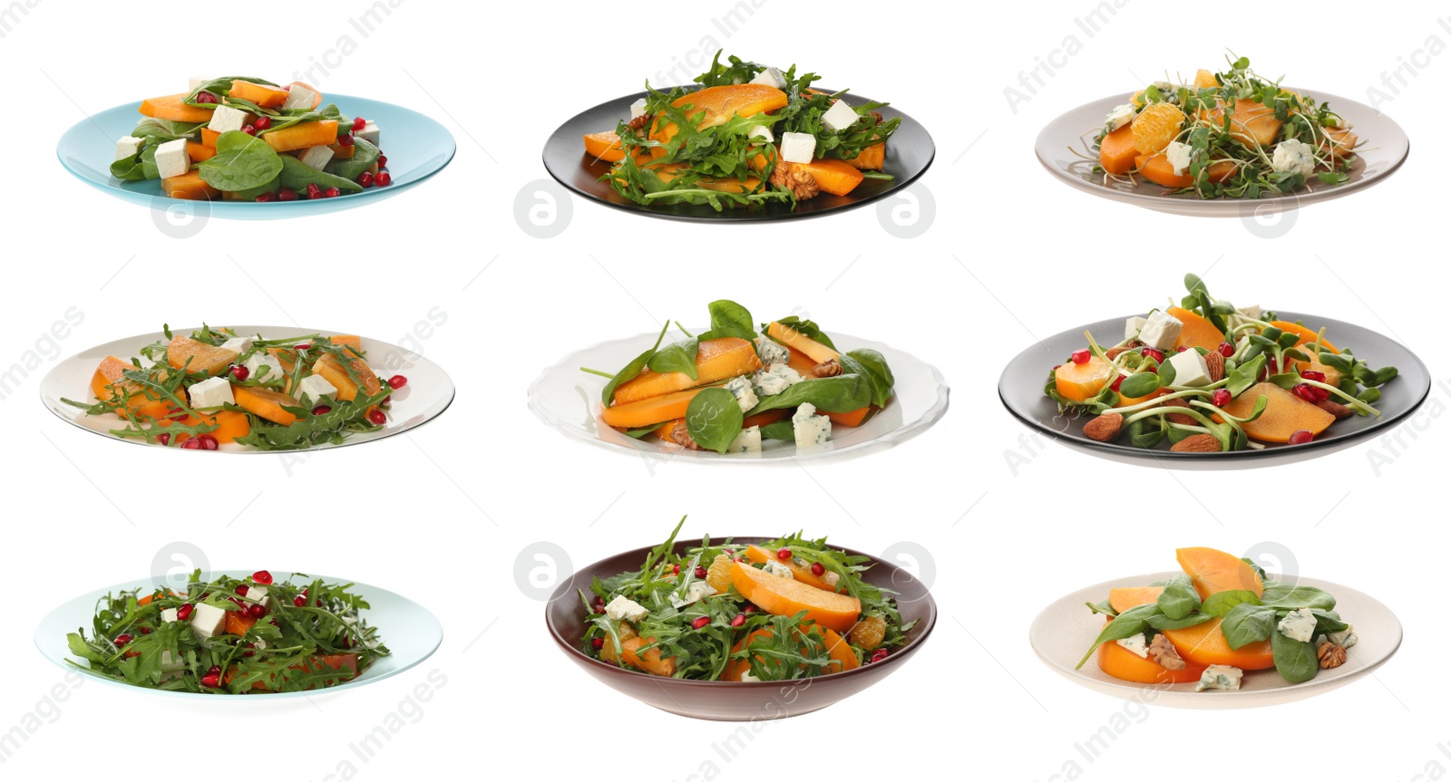 Image of Set of tasty persimmon salads on white background, banner design