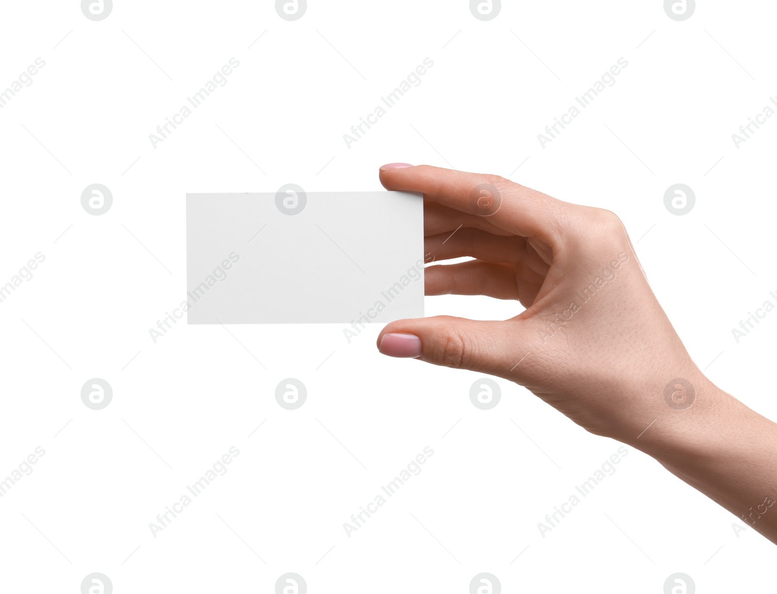 Photo of Woman holding blank business card on white background, closeup. Space for text