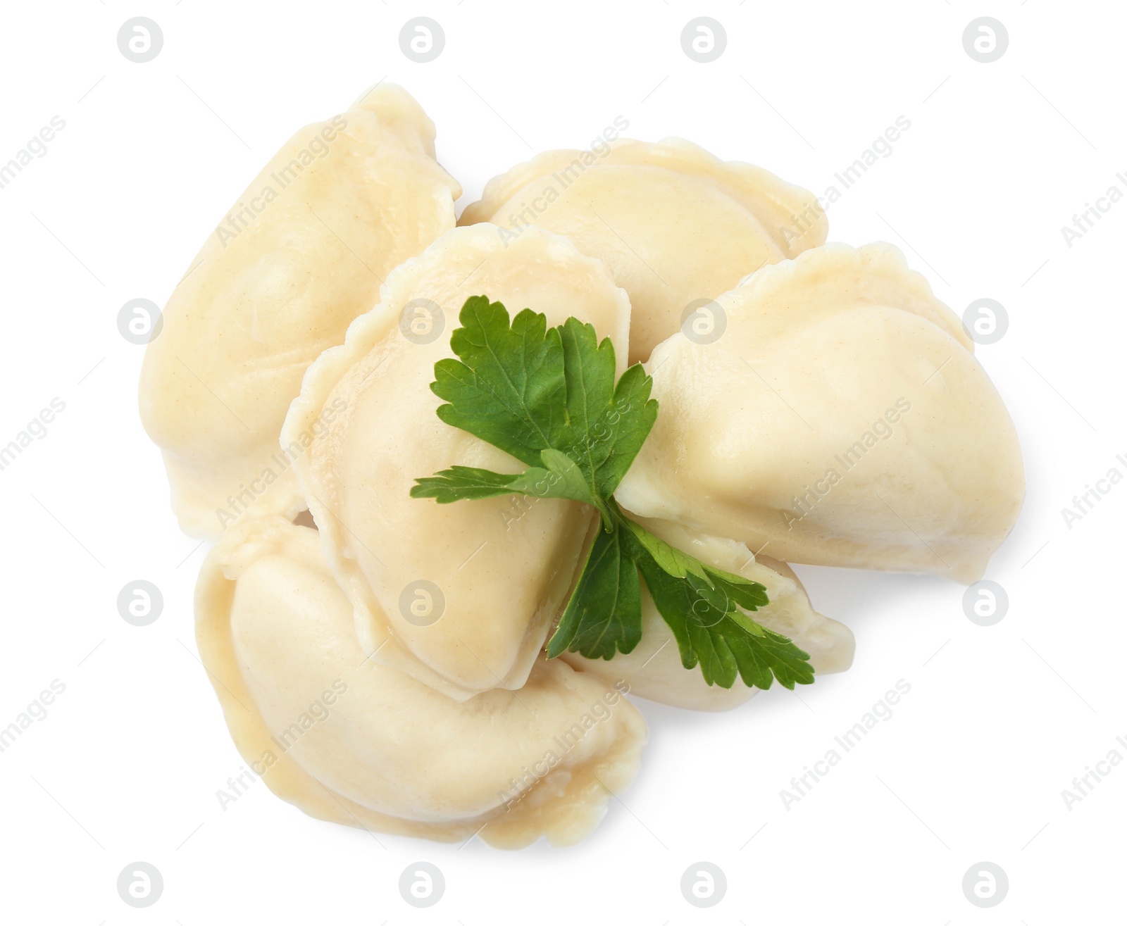 Photo of Tasty boiled dumplings with parsley on white background, top view