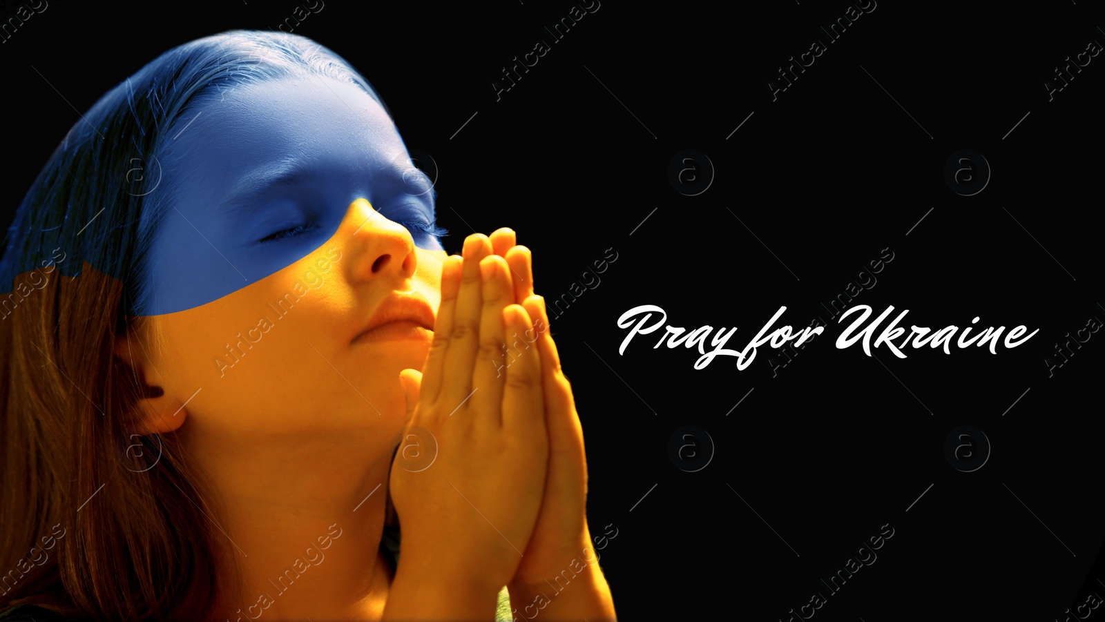 Image of Pray for Ukraine. Phrase and little girl on black background, skin toned in colors of Ukrainian flag