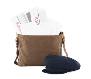 Photo of Brown postman bag with mails, newspapers and hat on white background