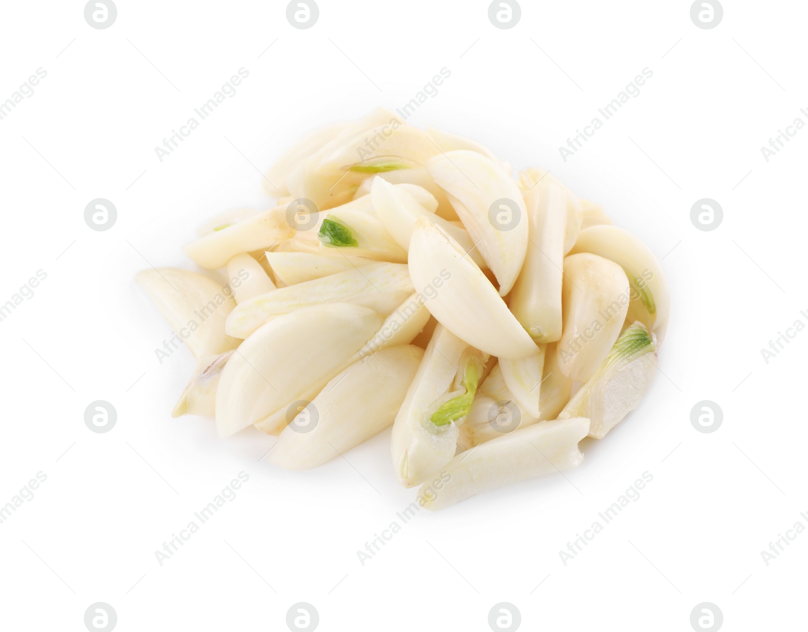 Photo of Peeled cloves of fresh garlic isolated on white