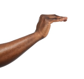 African-American man showing height on white background, closeup