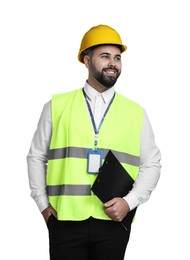 Photo of Engineer in hard hat holding clipboard on white background