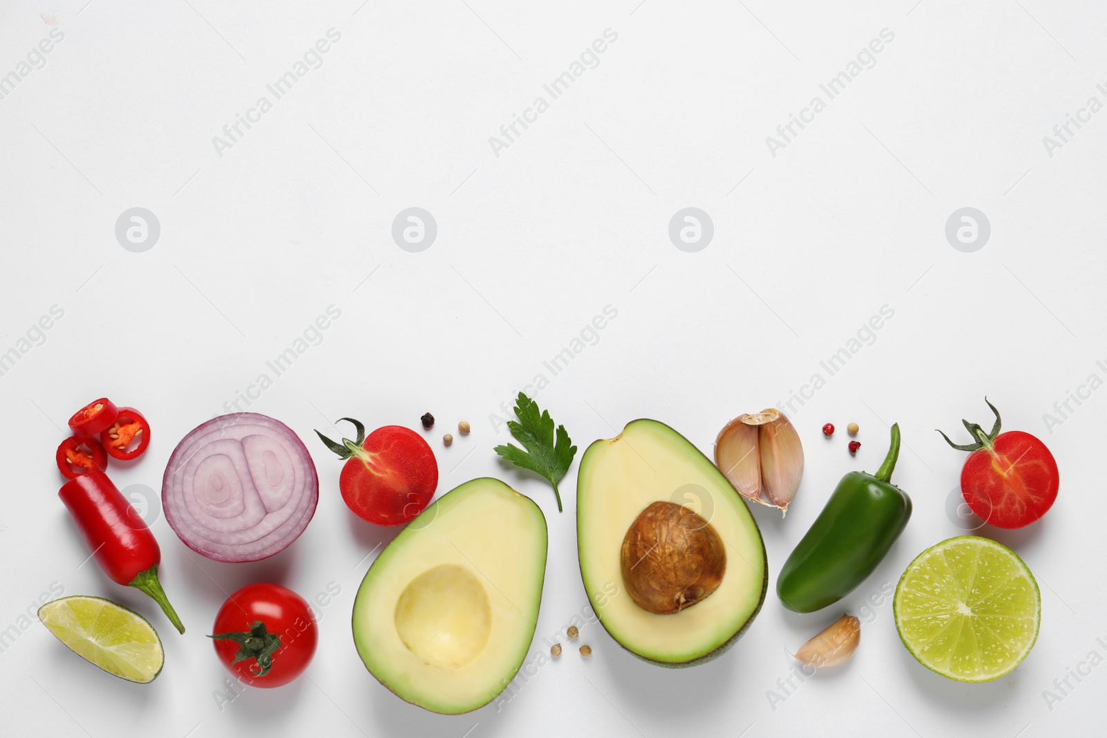 Photo of Fresh ingredients for guacamole on white background, flat lay